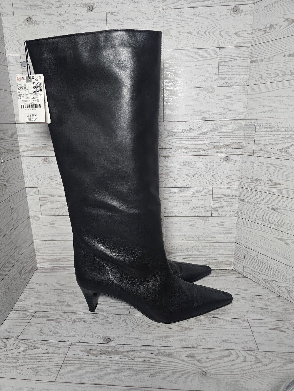 NWT Zara Black Leather Tall Heeled Boots Pointed Toe Size 11 US / 42 EU